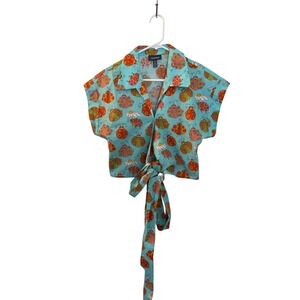 ModCloth Ladybug Daisy Print Tie Front Crop Top Blue Cotton Womens M